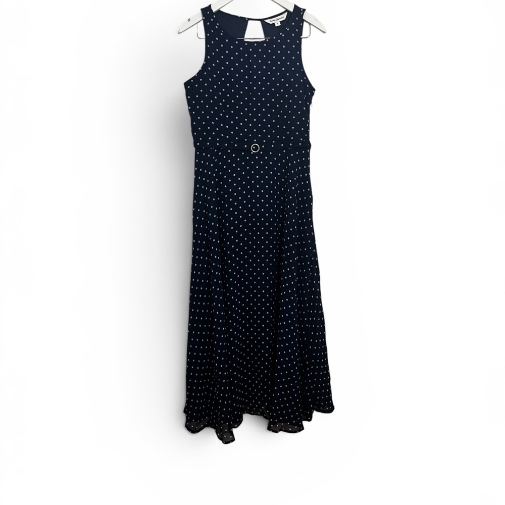 Sleeveless Navy Polka Dot Maxi Dress with Waist Ring